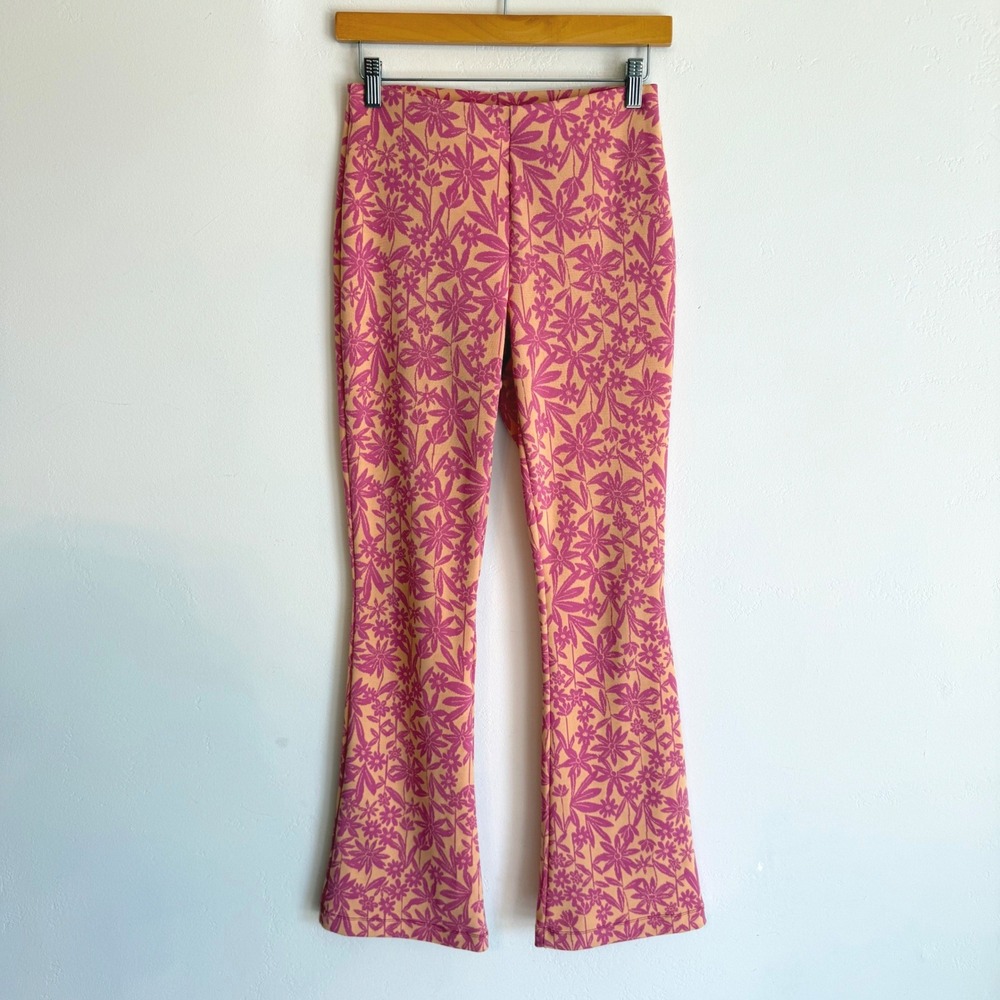 Zara Floral Flare Pants S Pink Orange Bell Bottom Y2K Barbie Retro Boho Festival